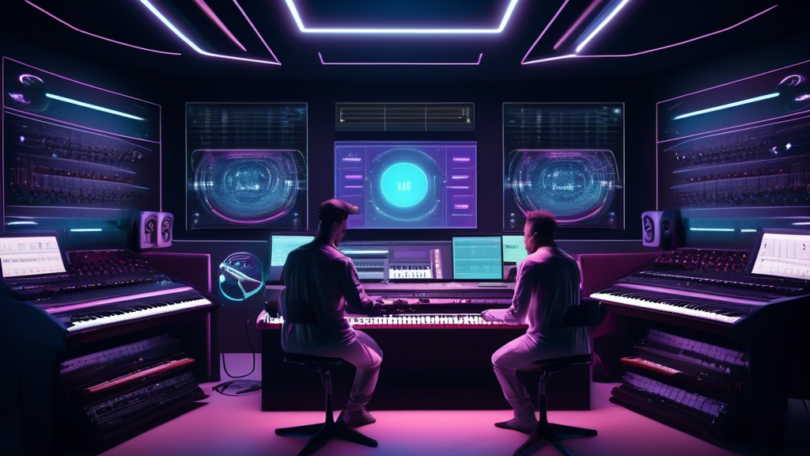 A futuristic music studio blending traditional instruments with advanced AI technology, showcasing a dynamic interaction between musicians and AI systems,