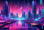 An AI-generated futuristic cityscape where musicians and digital artists collaborate in a high-tech studio. AI algorithms visually adapt musical notes into