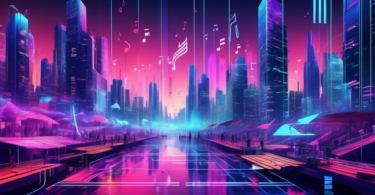 An AI-generated futuristic cityscape where musicians and digital artists collaborate in a high-tech studio. AI algorithms visually adapt musical notes into