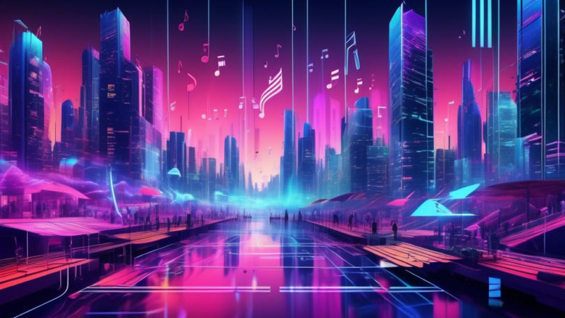 An AI-generated futuristic cityscape where musicians and digital artists collaborate in a high-tech studio. AI algorithms visually adapt musical notes into