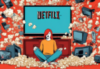 A digital illustration of a person sitting in front of a large TV screen displaying the Netflix logo, surrounded by an array of falling objects symbolizing