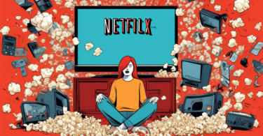 A digital illustration of a person sitting in front of a large TV screen displaying the Netflix logo, surrounded by an array of falling objects symbolizing