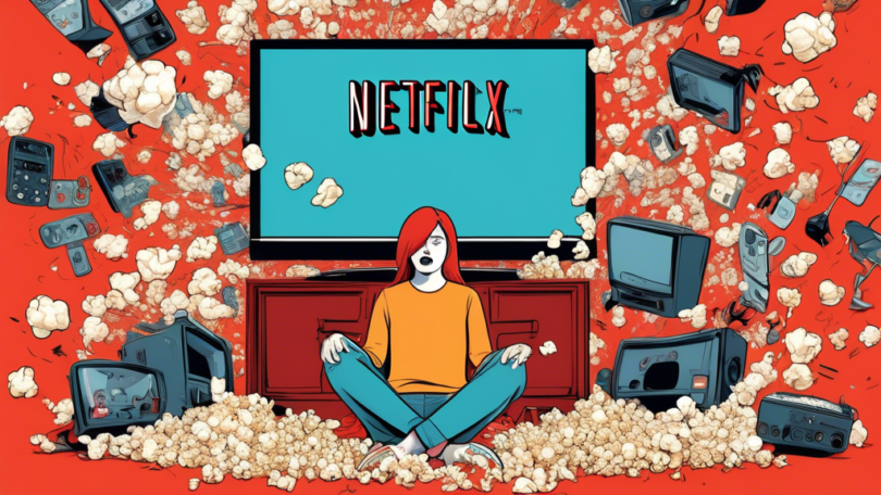 A digital illustration of a person sitting in front of a large TV screen displaying the Netflix logo, surrounded by an array of falling objects symbolizing