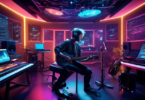 A vibrant music studio where a human musician and an AI-powered computer work together harmoniously, surrounded by musical instruments, mixing consoles, an