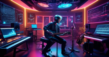 A vibrant music studio where a human musician and an AI-powered computer work together harmoniously, surrounded by musical instruments, mixing consoles, an