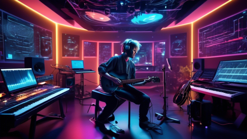 A vibrant music studio where a human musician and an AI-powered computer work together harmoniously, surrounded by musical instruments, mixing consoles, an