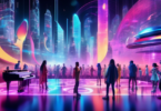 A vibrant and futuristic cityscape where musicians from diverse backgrounds perform on various stages, surrounded by holographic representations of sound w