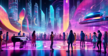 A vibrant and futuristic cityscape where musicians from diverse backgrounds perform on various stages, surrounded by holographic representations of sound w