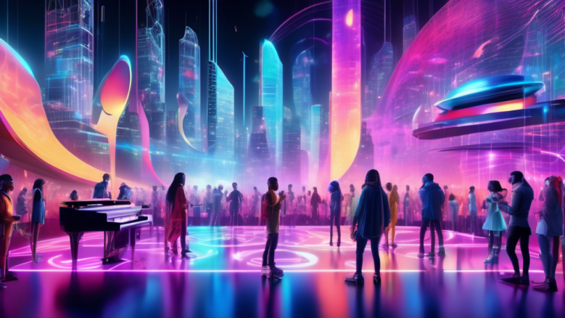 A vibrant and futuristic cityscape where musicians from diverse backgrounds perform on various stages, surrounded by holographic representations of sound w