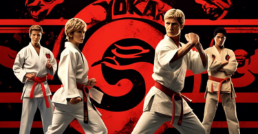 A dynamic scene featuring the main characters from Cobra Kai, wearing their distinctive karate uniforms with the dojo logos, engaged in an intense karate s