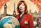 A comically exaggerated portrait of Philomena Cunk, the fictional British TV host, standing in front of a globe. The backdrop combines famous global landma