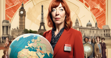 A comically exaggerated portrait of Philomena Cunk, the fictional British TV host, standing in front of a globe. The backdrop combines famous global landma