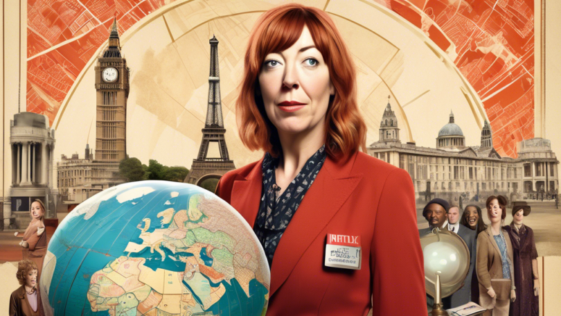 A comically exaggerated portrait of Philomena Cunk, the fictional British TV host, standing in front of a globe. The backdrop combines famous global landma