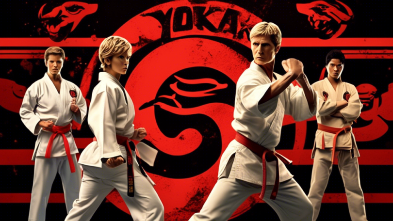 A dynamic scene featuring the main characters from Cobra Kai, wearing their distinctive karate uniforms with the dojo logos, engaged in an intense karate s