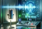"Futuristic laboratory with AI voice cloning technology, featuring a glowing computer screen displaying sound waves, a connected microphone, and ambient blue and green lighting.