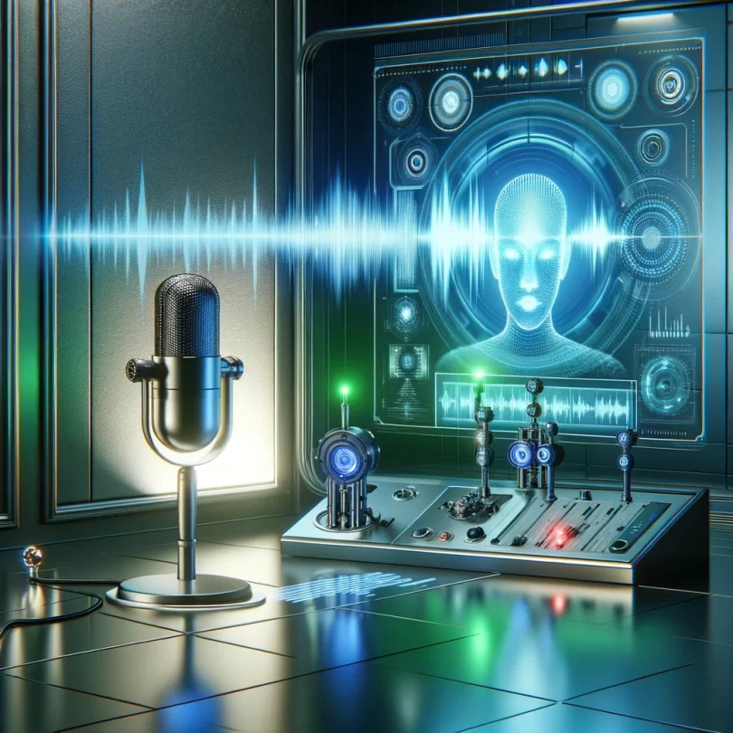 "Futuristic laboratory with AI voice cloning technology, featuring a glowing computer screen displaying sound waves, a connected microphone, and ambient blue and green lighting.